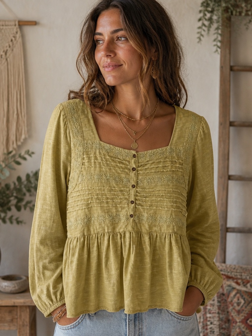 Easel Large Olive Green Embroidered Babydoll Peplum Cotton Boho Blouse Hippie
